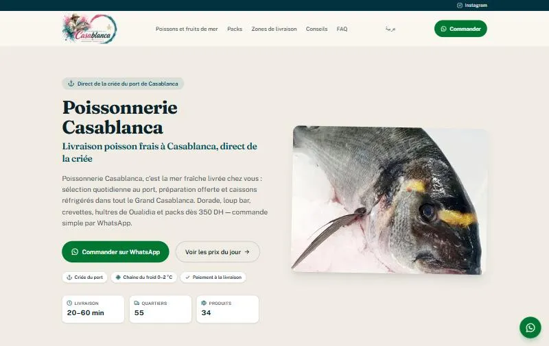 Poissonnerie Casablanca — Online fish shop with WhatsApp ordering — website screenshot poissonneriecasa.ma